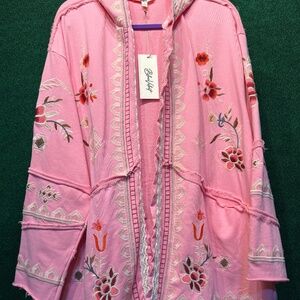 09 BlueVelvet Hoodie Pink Open Front Embroidered Cardigan